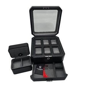 Rothwell 6 Slot Watch Box 2 Travel Case Gift Set PU Leather Black Grey Locking